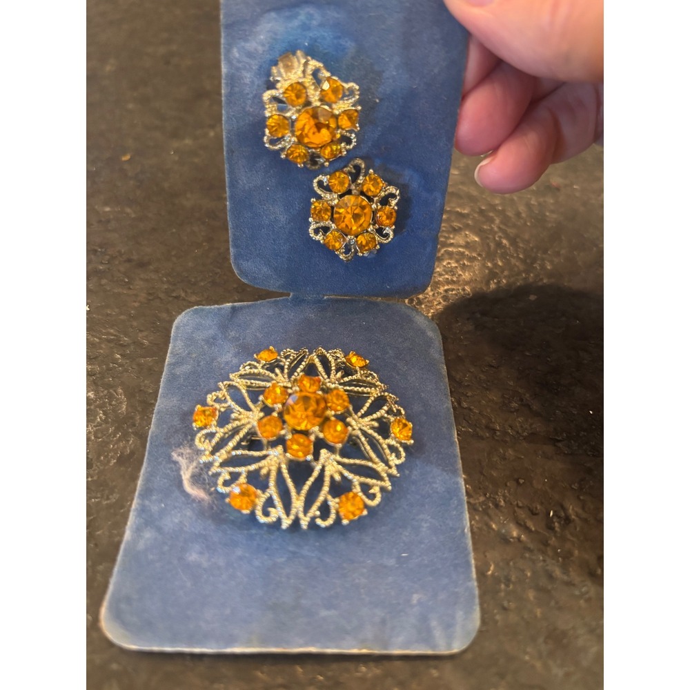 Vintage Silver Tone Amber Rhinestone Filigree Brooch and Clip On Earrings Set